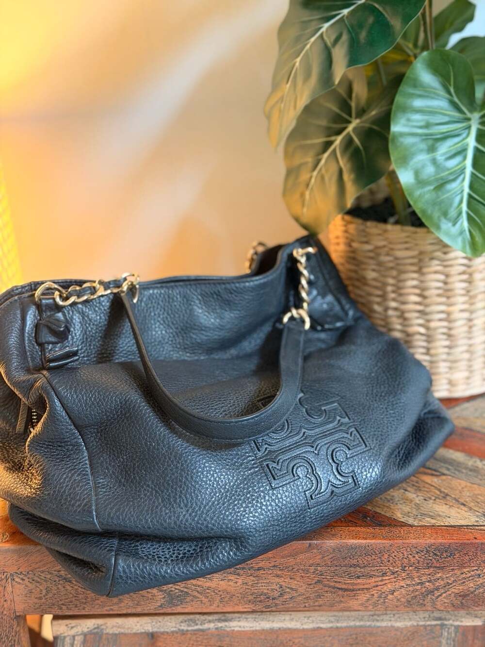 Tory Burch Harper Tote Black Pebbled Leather Chain Strap Bag